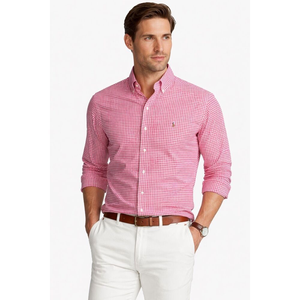 Ralph Lauren Polo Pink White Gingham Button Down Shirt Men’s Large L Classic Fit